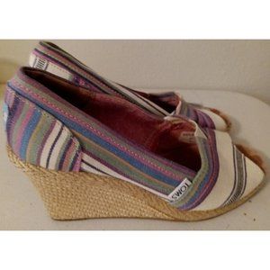 Toms Womens Striped Multicolor Canvas Platform Open Toe Wedge Shoes Size 7 1/2